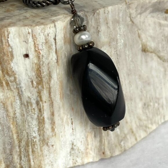 Pearl 18" Sterling Silver Front Rope Toggle Necklace Black Nephrite Jade Pendant - Picture 9 of 16